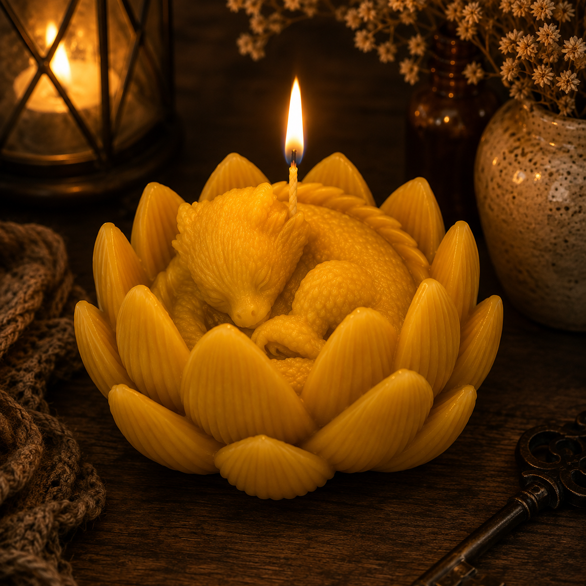 Baby Dragon in Lotus Beeswax Candle