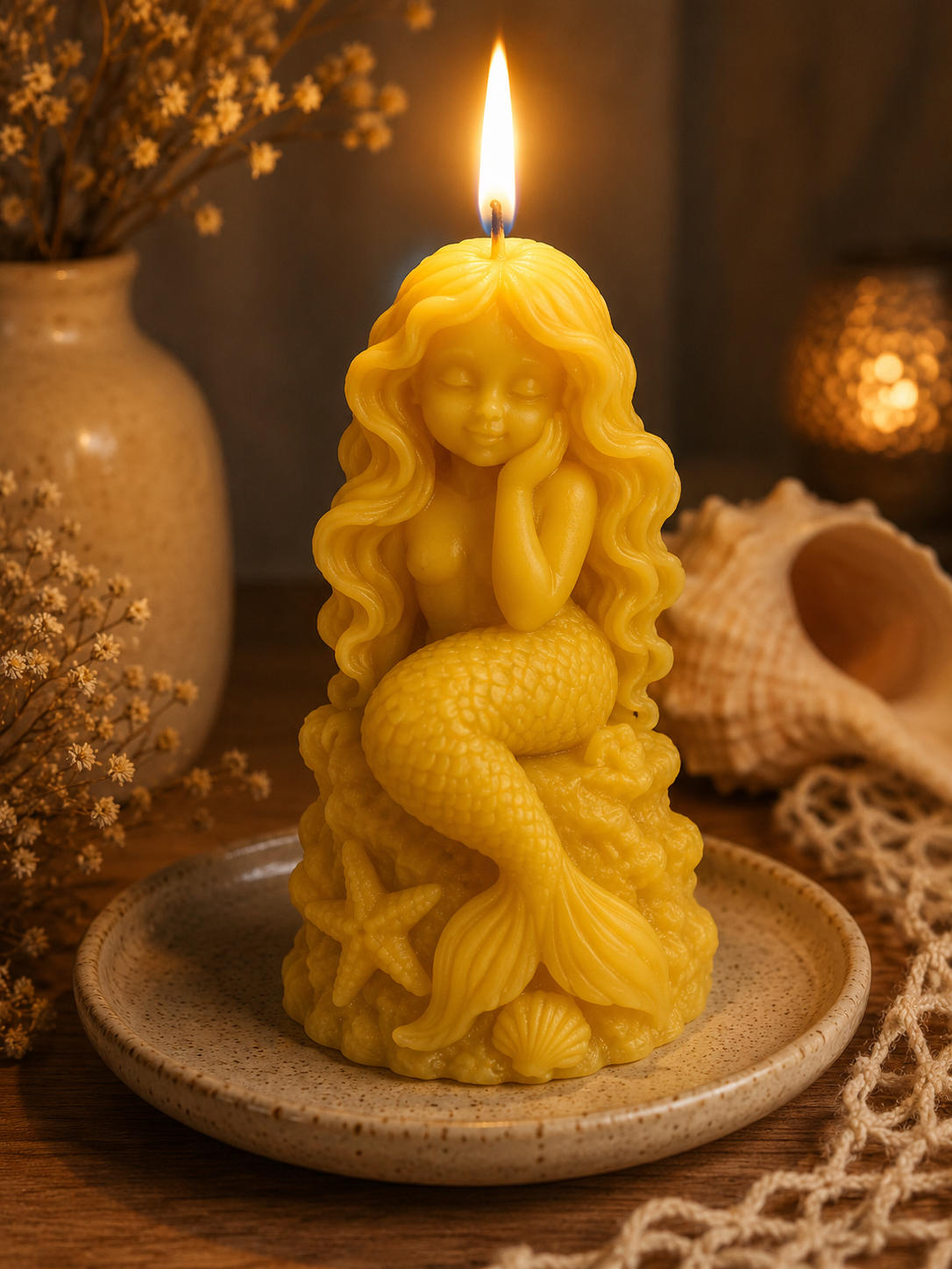 Mermaid on Coral Beeswax Candle