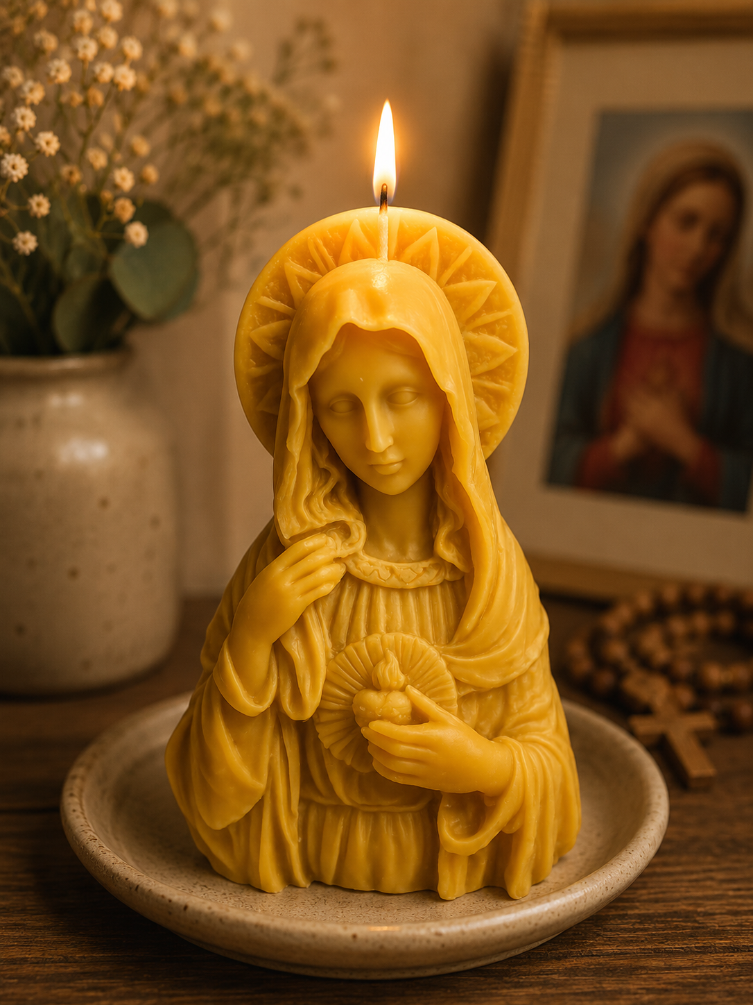 Sacred Heart of Mary Pure Beeswax Candle
