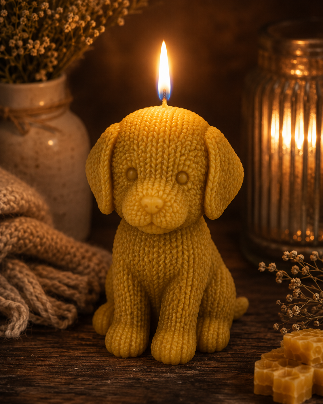 Knitted Puppy Beeswax Candle