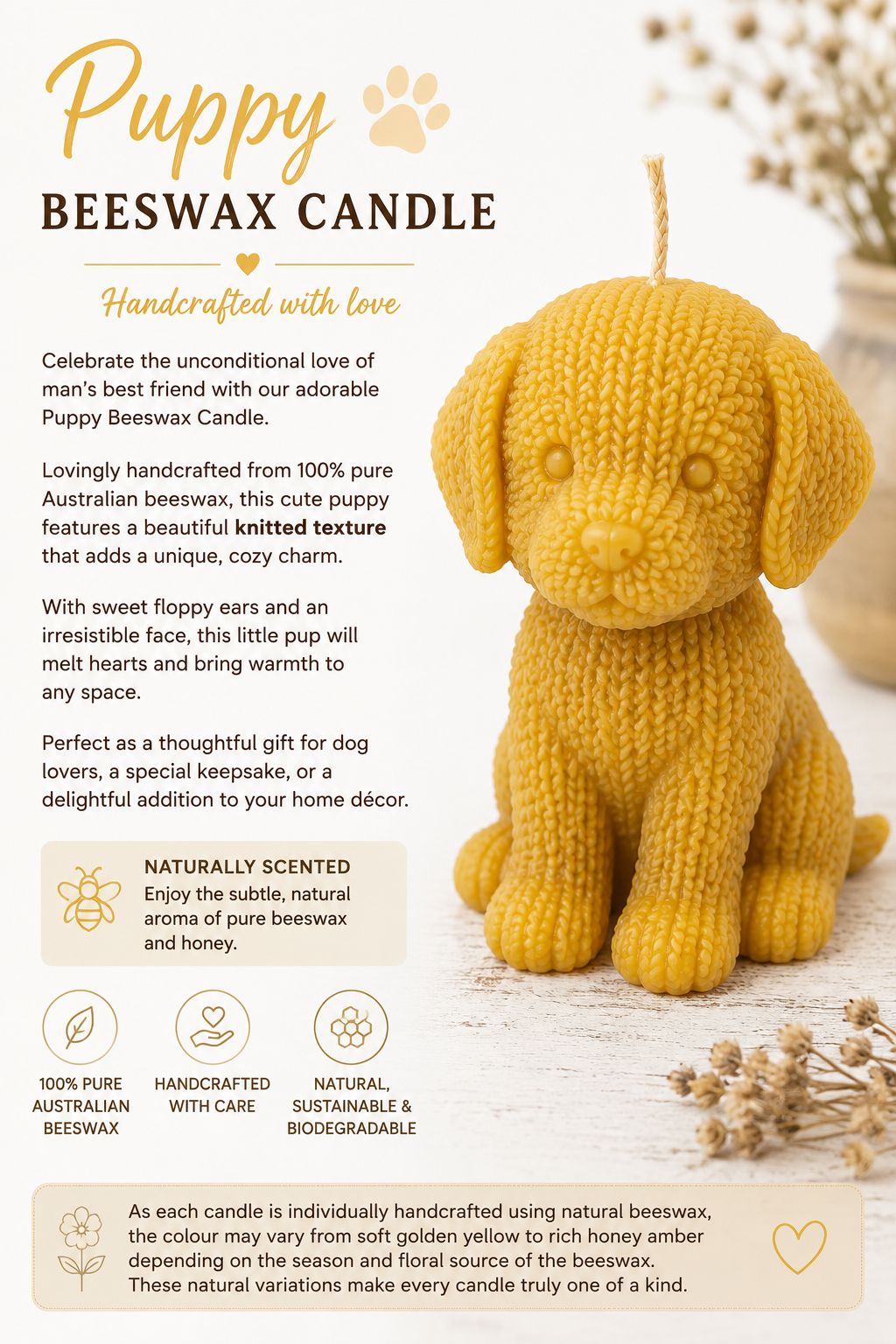 Knitted Puppy Beeswax Candle