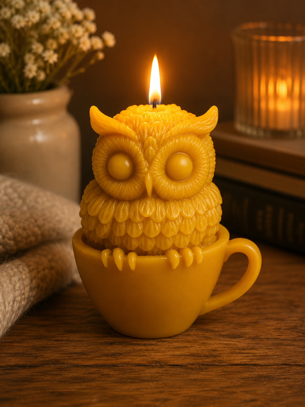 Owl in Teacup Beeswax Candle