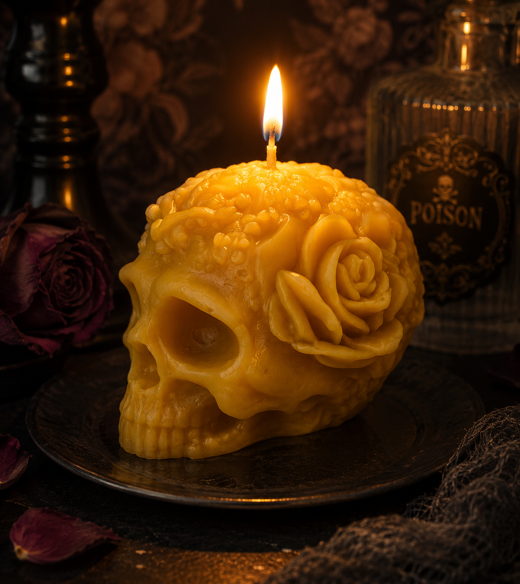 Skull with Rose Beeswax Candle