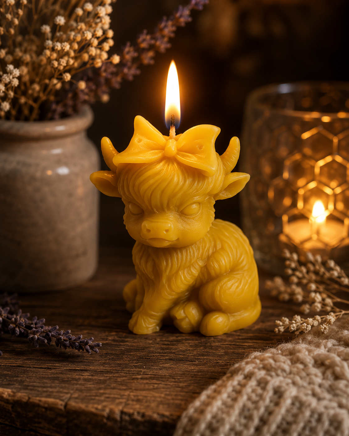 Mini Highland Cow with Bow Beeswax Candle