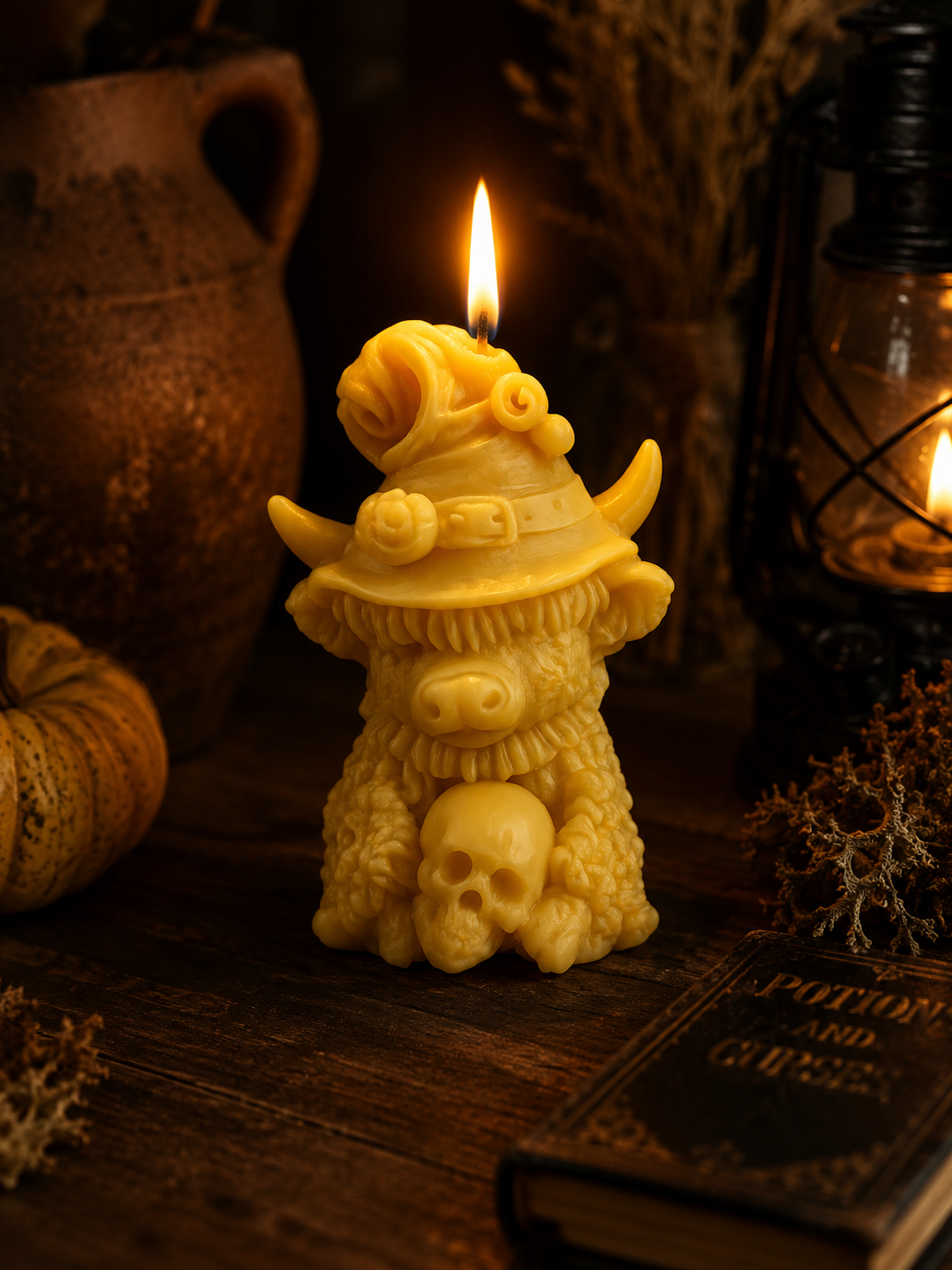 Highland Cow sitting with skull Halloween Beeswax Candle