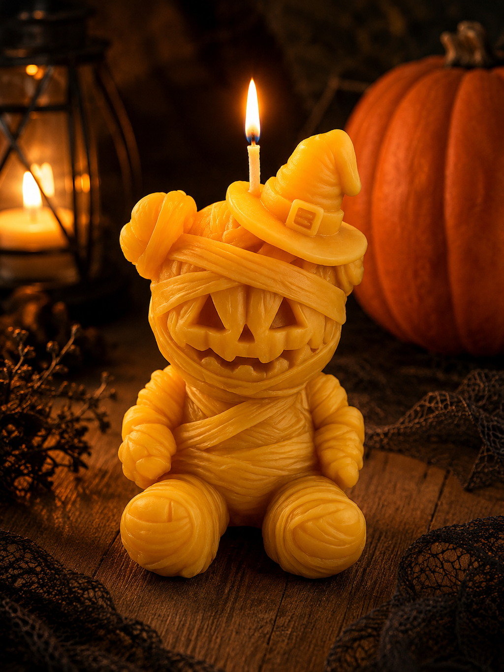 Halloween Mummy Pumpkin Bear Beeswax Candle
